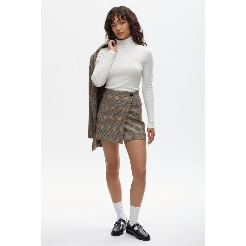 Kotn Plaid Kilt Wrap Mini Skirt M Medium Wool Blend Manteco Brown Preppy Academy